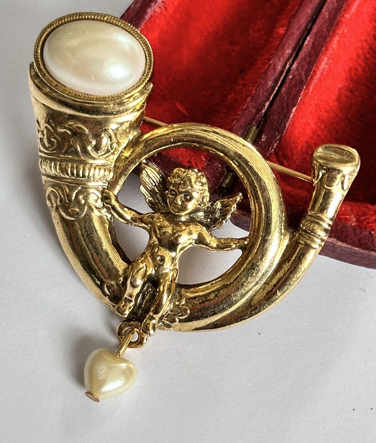 Vintage Gold Tone Faux Pearl Cherub Heart Brooch
