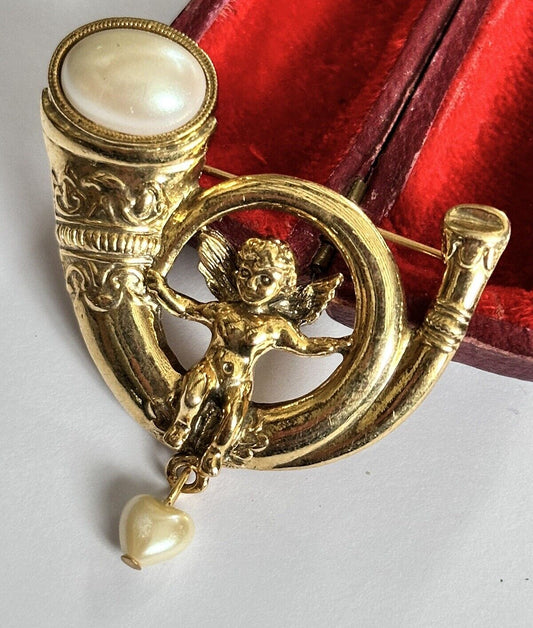 Vintage Gold Tone Faux Pearl Cherub Heart Brooch