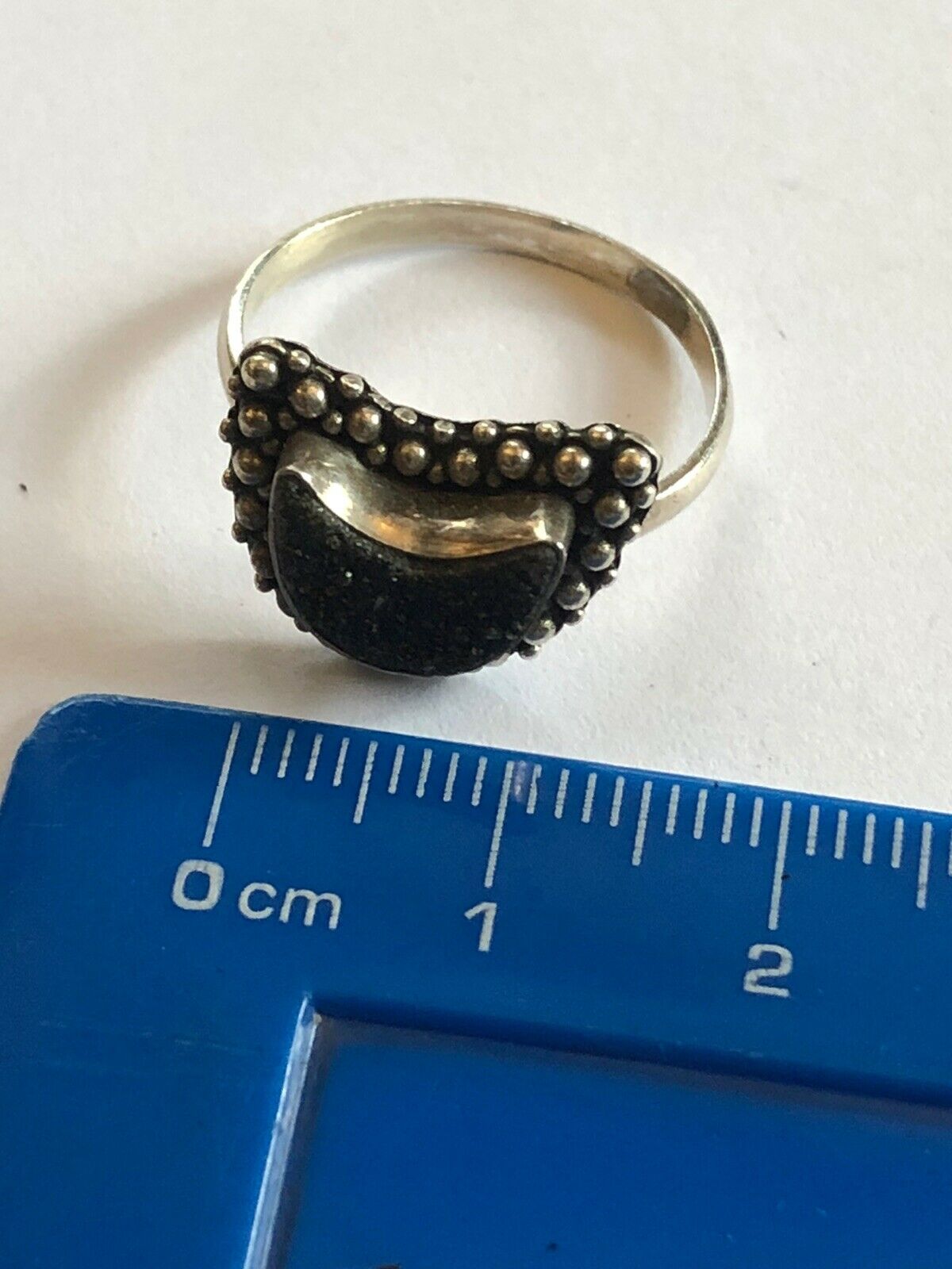 Vintage Sterling Silver Black Diamond Chip Half Moon Ring Size O