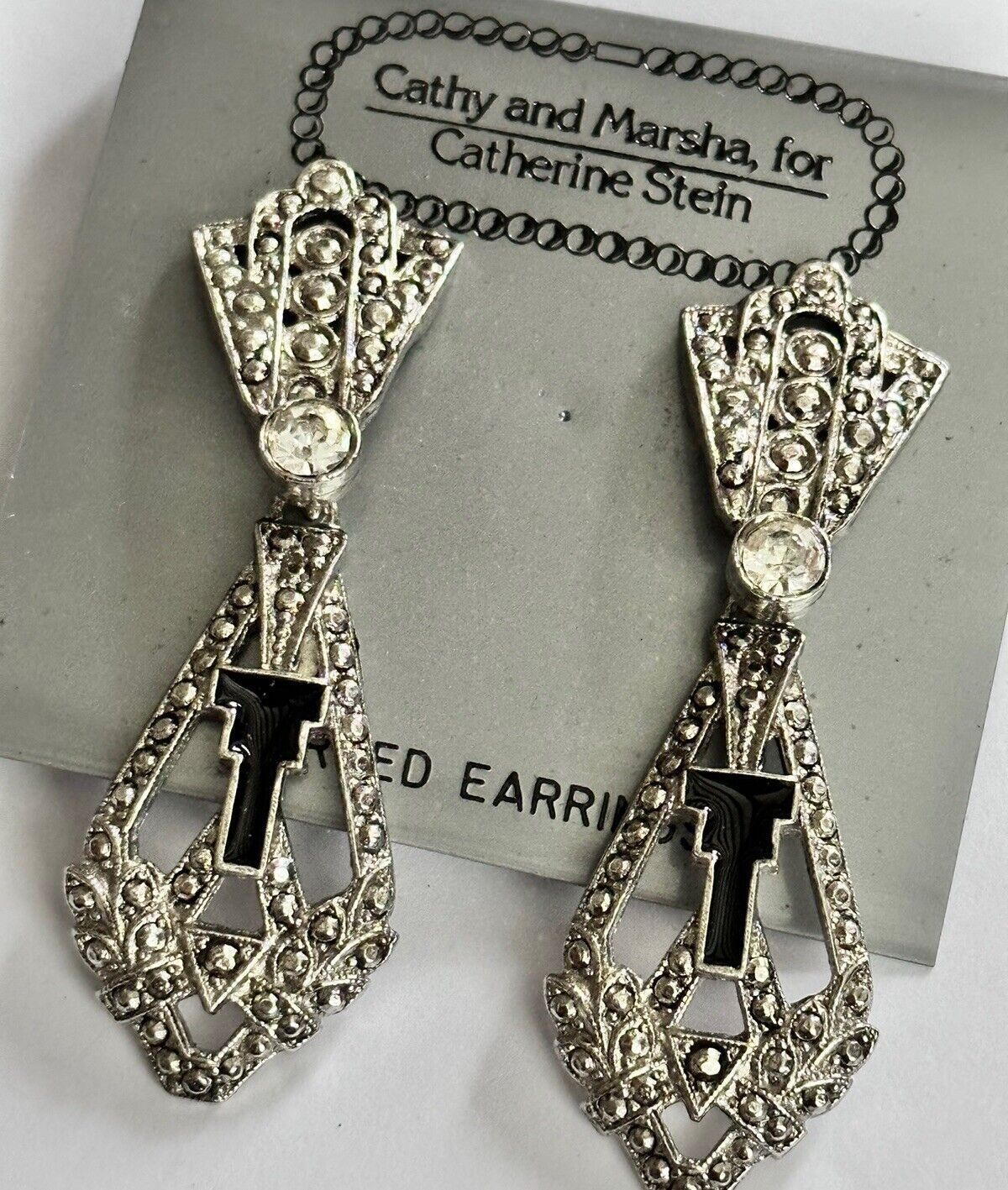 Vintage 1980s Cathy And Marsha For Catherine Stein Marcasite Style Drop Earrings