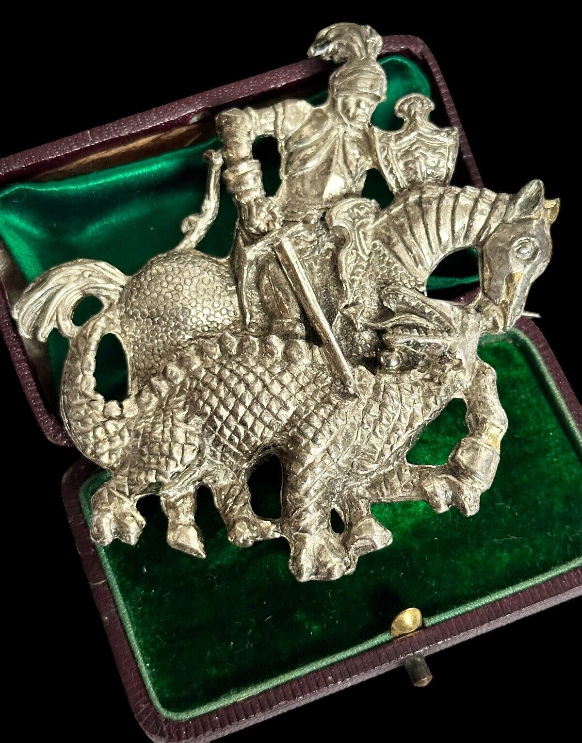 Vintage Silver Tone Knight Dragon Slayer Large Brooch