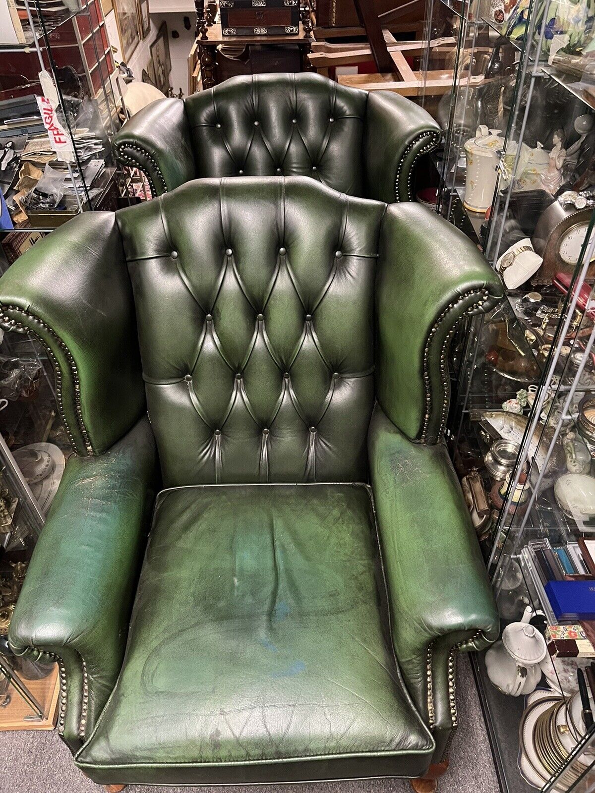 Pair Of Green Leather Armchairs. Good Quality, Buttoned Back, Impressive