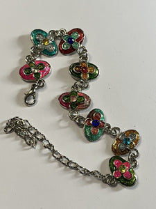 Vintage Silver Tone Enamel Multicoloured Flowers Bracelet