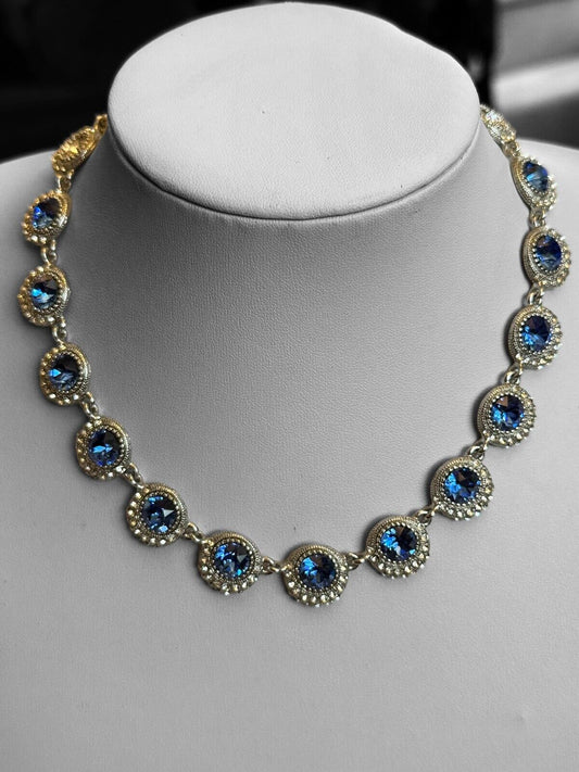 Vintage Silver Tone Blue Clear Diamanté Necklace