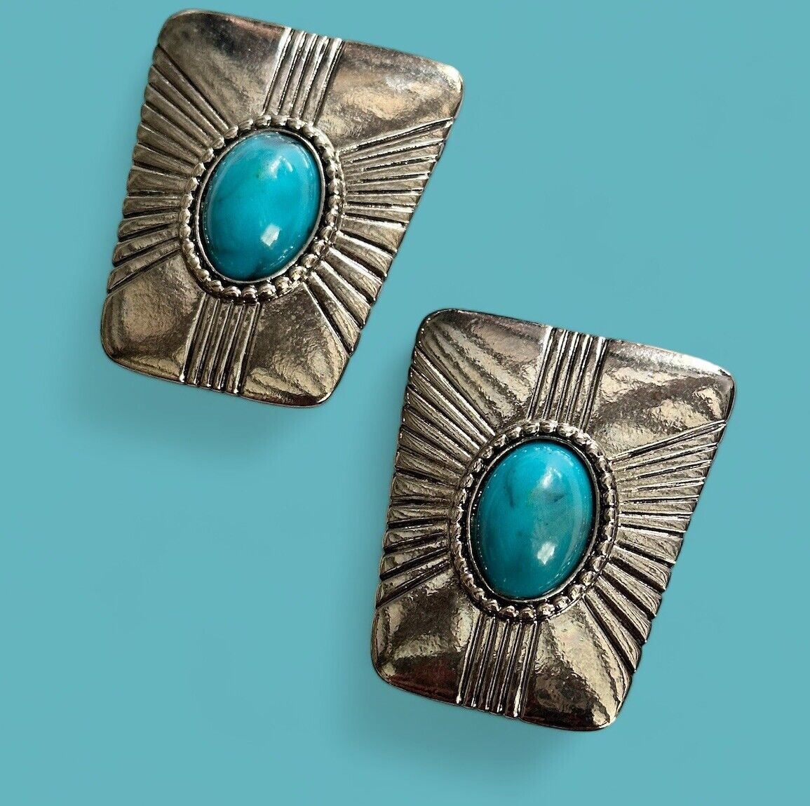 Vintage Silver Tone Faux Turquoise Clip On Earrings