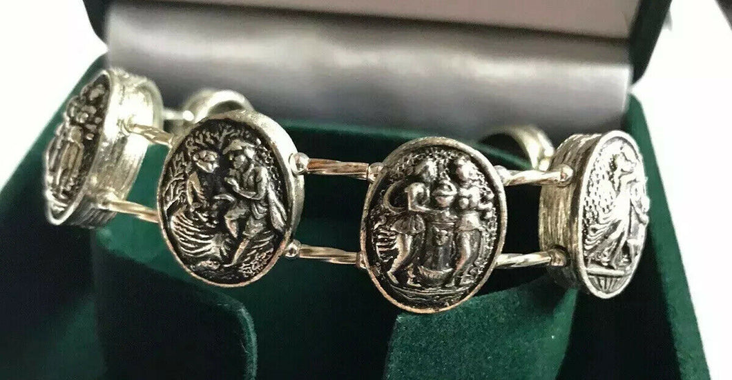 Vintage Silver Tone Etruscan Roman Gods Bracelet Black Background