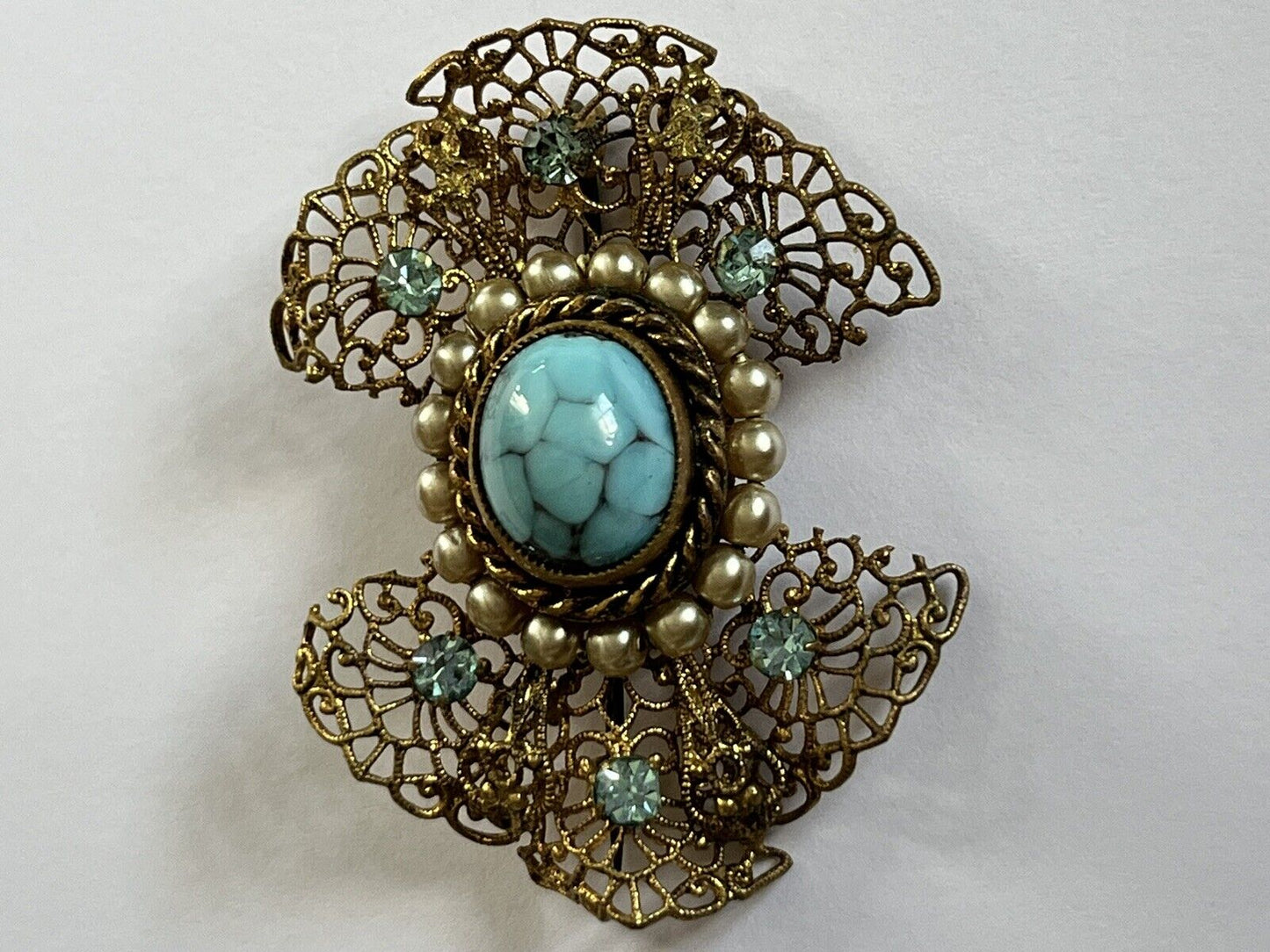 Vintage Gold Tone Filigree Diamanté Faux Turquoise Brooch