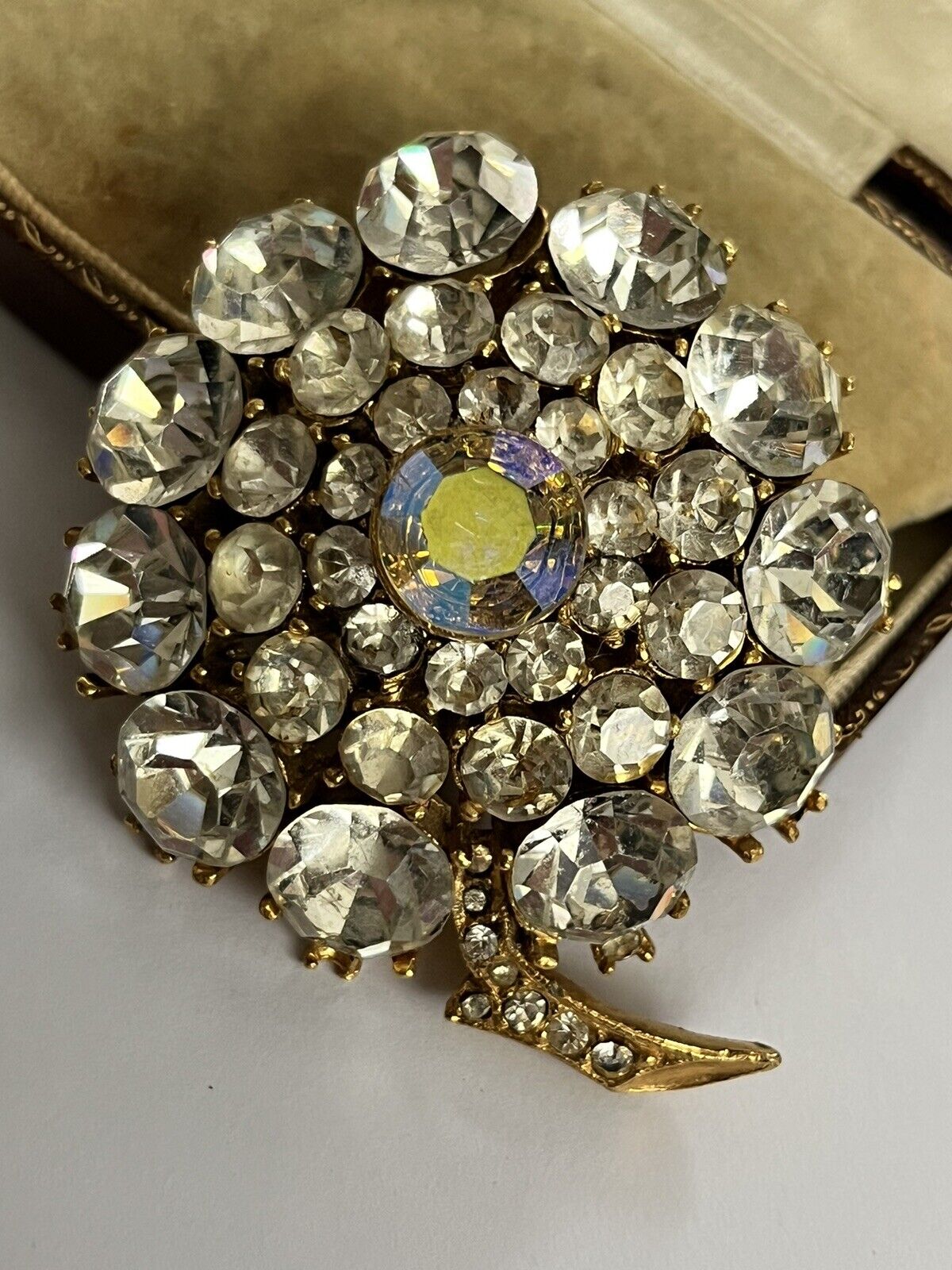 Vintage Signed Sphinx Statement Diamanté Flower Brooch