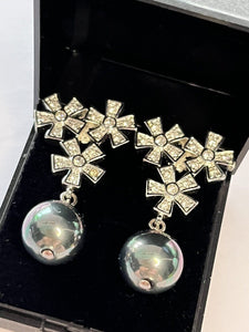 Vintage 1980s Rhodium Plated Crystal Flowers Drop Earrings New Old Stock Boxed