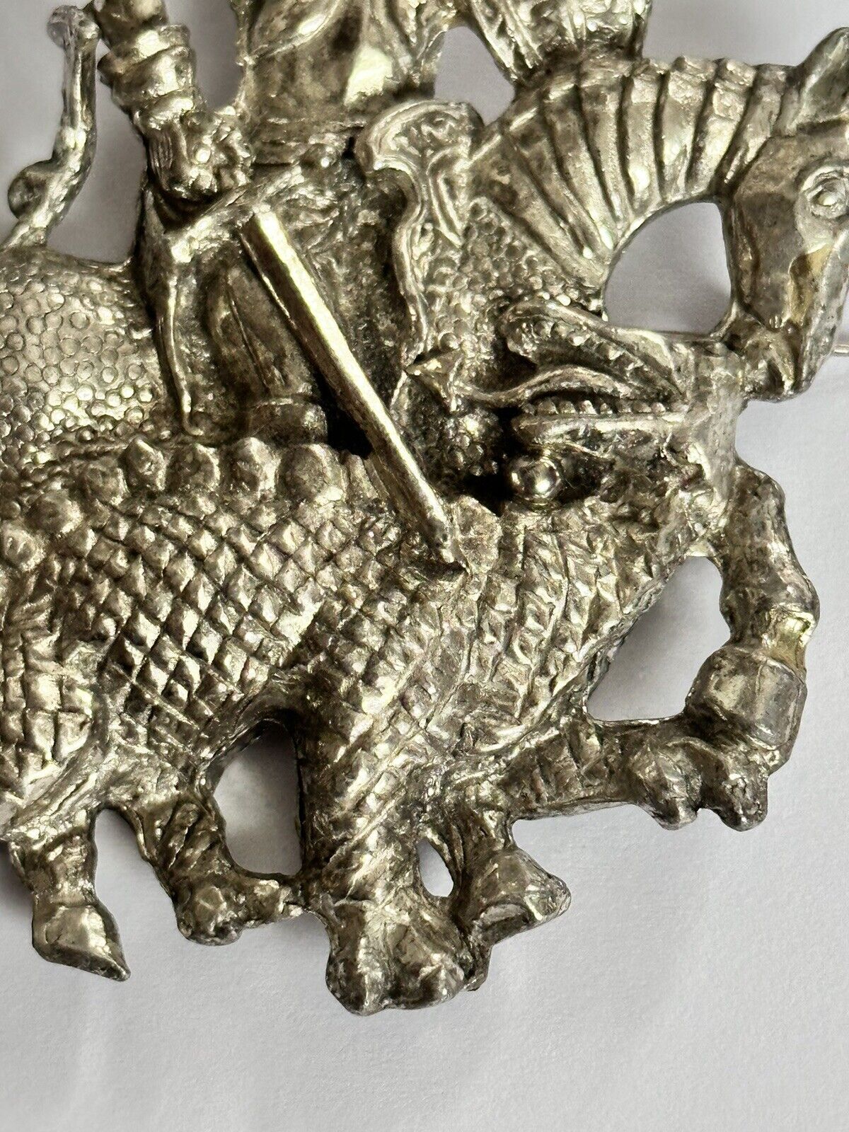 Vintage Silver Tone Knight Dragon Slayer Large Brooch