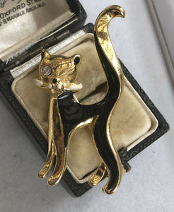 Vintage Gold Tone Black Enamel Winking Cat Brooch