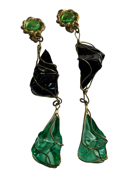 Vintage 1980s Black Green Acrylic Long Length Statement Earrings