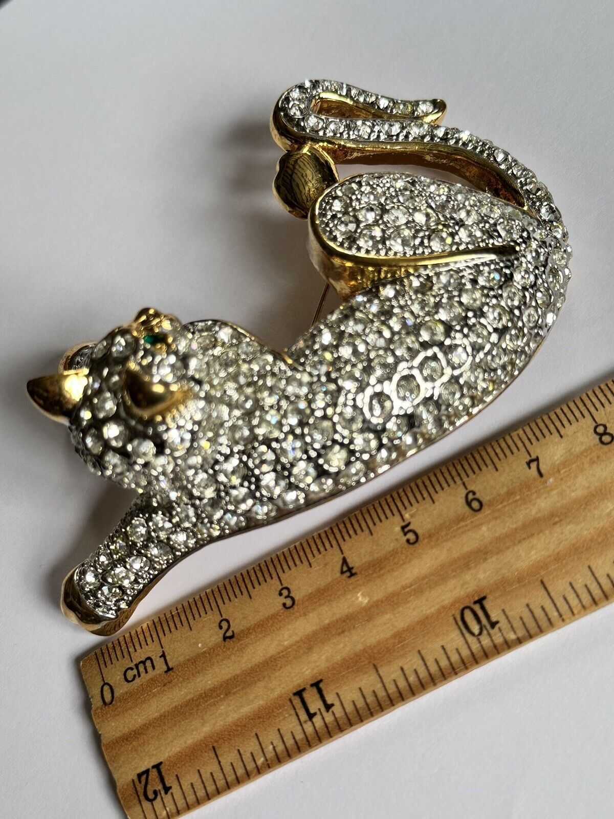 Vintage Runway Gold Tone Large Diamanté Cat Brooch