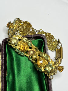 Vintage Gold Tone Filigree Diamanté Pink Orange Green Flowers Bracelet