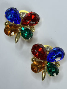 Vintage 1980s Statement Butterfly Multicoloured Diamante Clip On Earrings