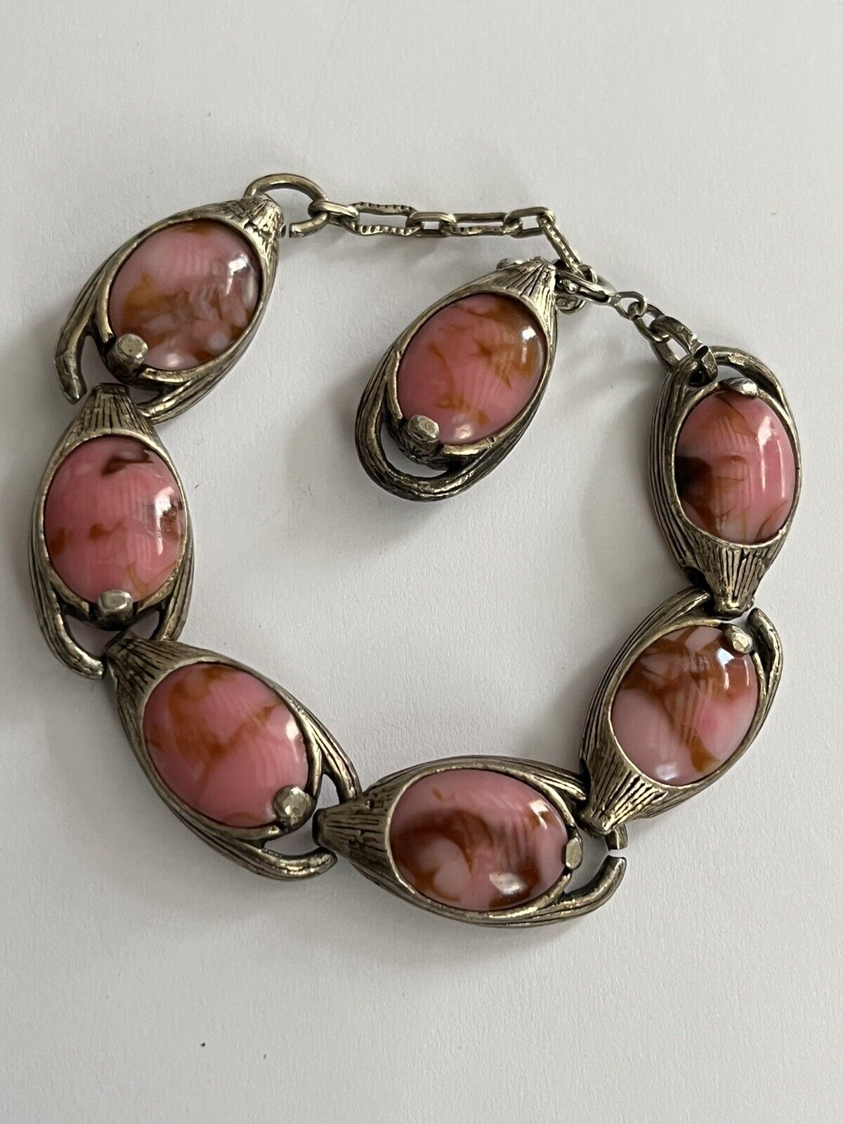 Vintage Miracle Signed Pink Marbled Silver Tone Link Bracelet