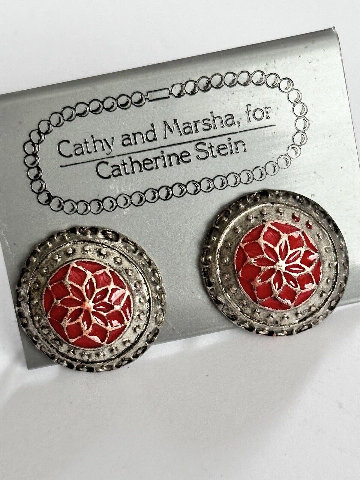 Vintage 1980s Cathy And Marsha For Catherine Stein Red Enamel Clip On Earrings