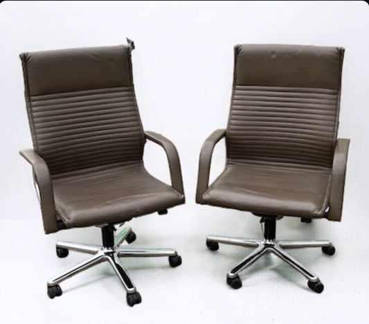 Brown Leather & Chrome Swivel Desk Chairs. Set Of 2