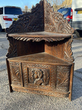 Victorian Corner Wall Cabinet, In Oak With Fine Carved Figure And Decoration.