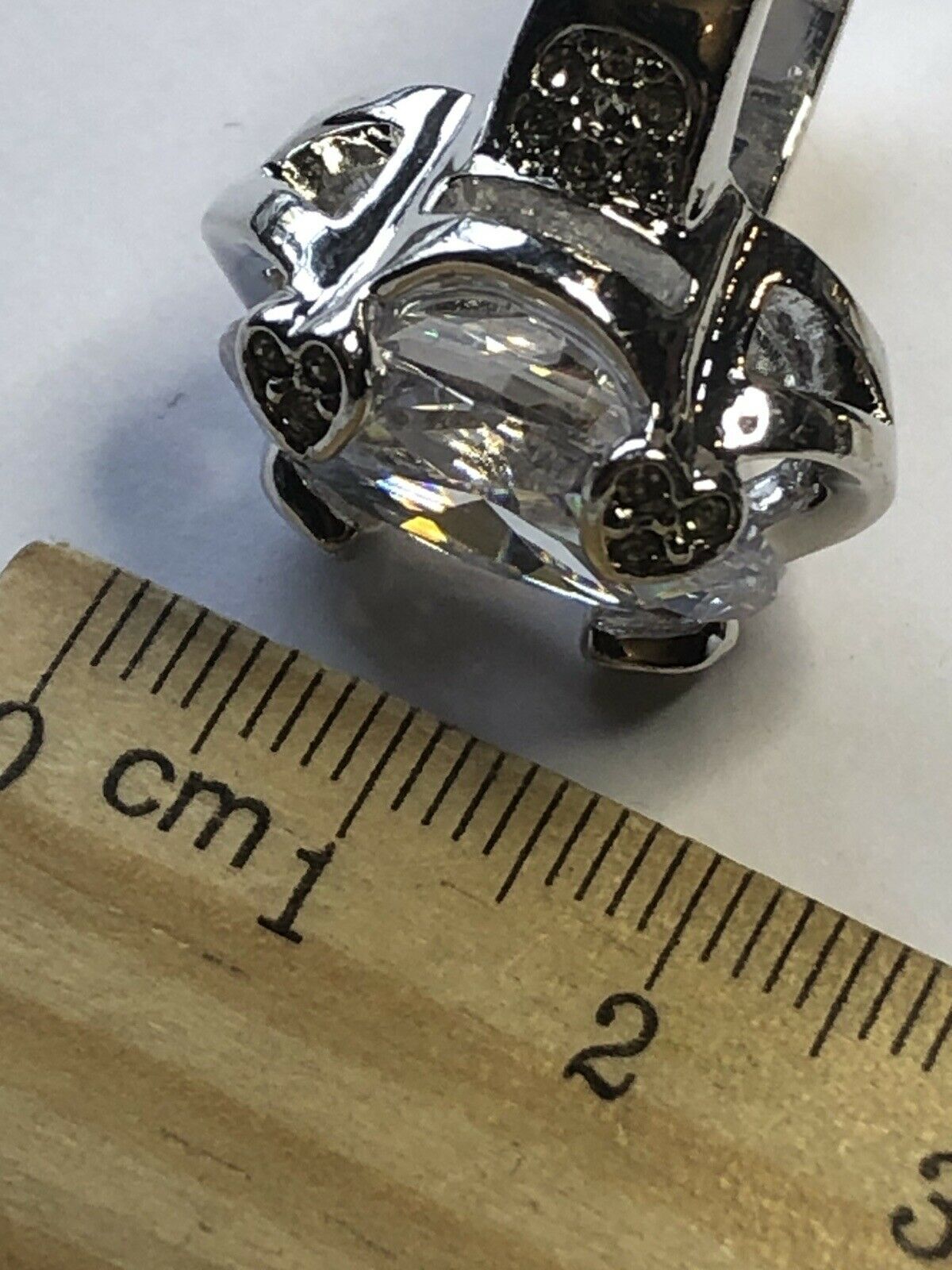 Vintage Rhodium Plated Oval Hearts Cubic Zirconia Statement Ring