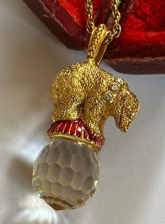 Vintage Gold Tone Polar Bear On Ball Enamel Diamanté Pendant Necklace