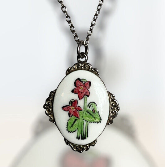 Vintage Sterling Silver Hand Painted Flowers Pendant Necklace