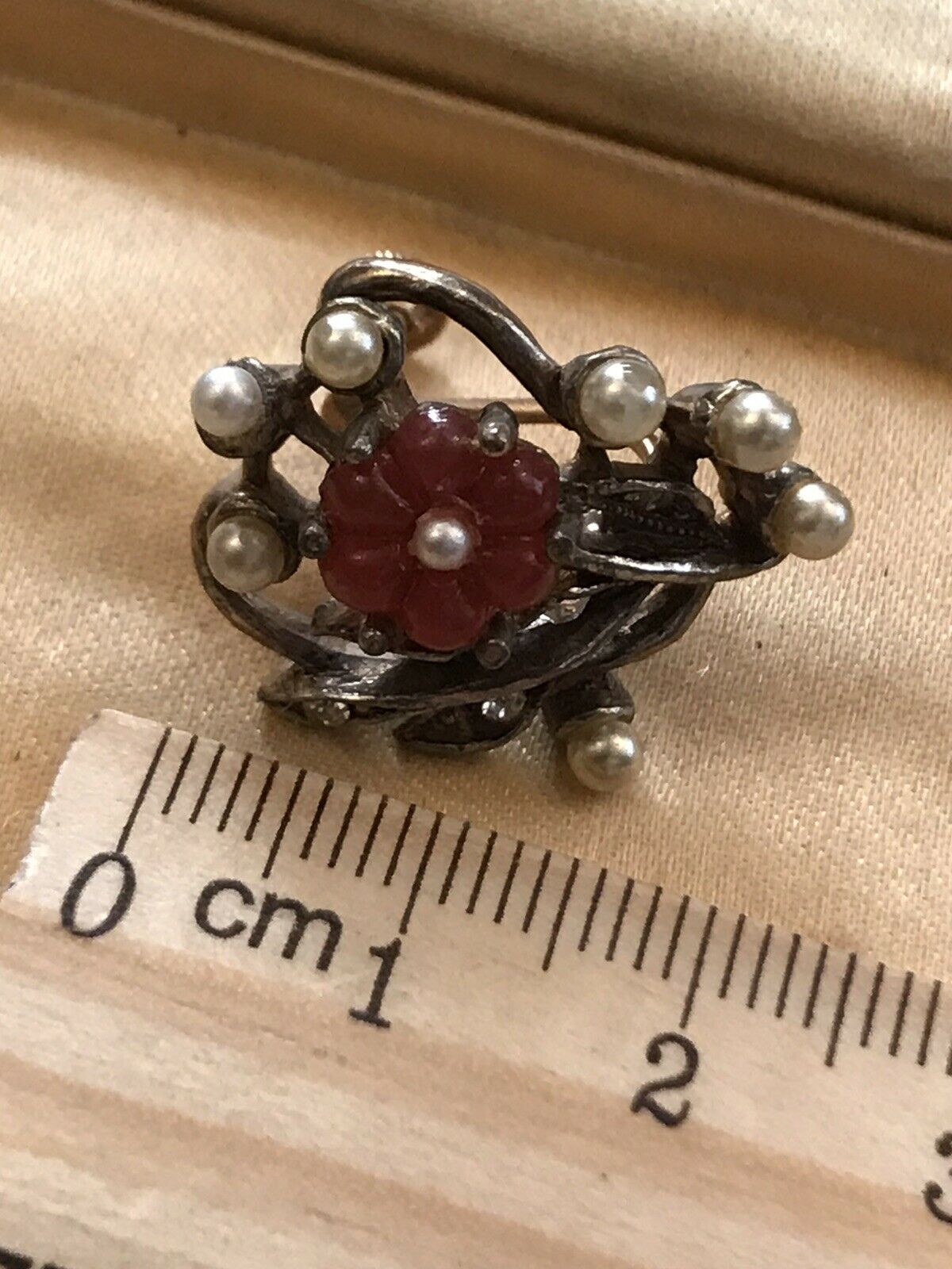 Vintage Paste Faux Pearl Diamanté Red Lucite Screwback Earrings