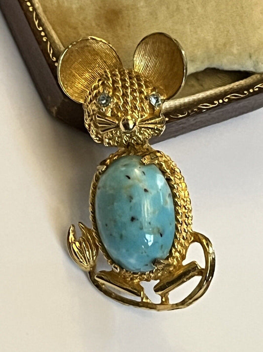 Vintage Gold Tone Turquoise Jelly Belly Mouse Brooch Signed Art