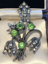 Vintage Silver Tone Green Clear Paste Flower Brooch