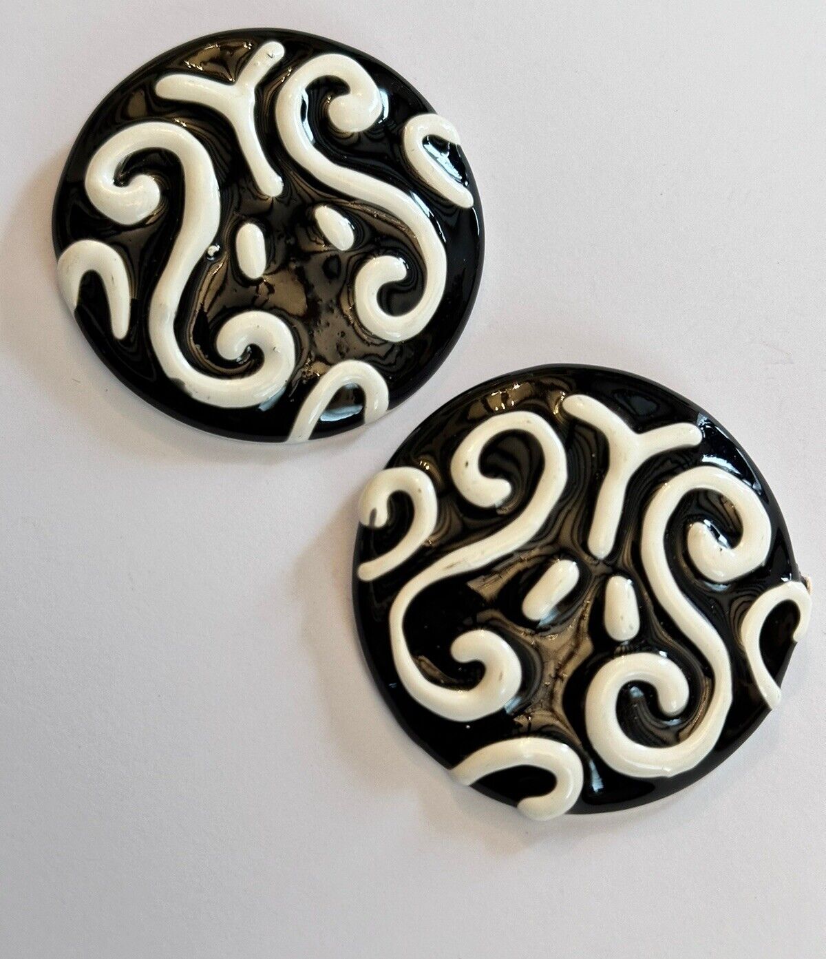 Vintage 1980s Black White Enamel On Metal Large Clip On Earrings