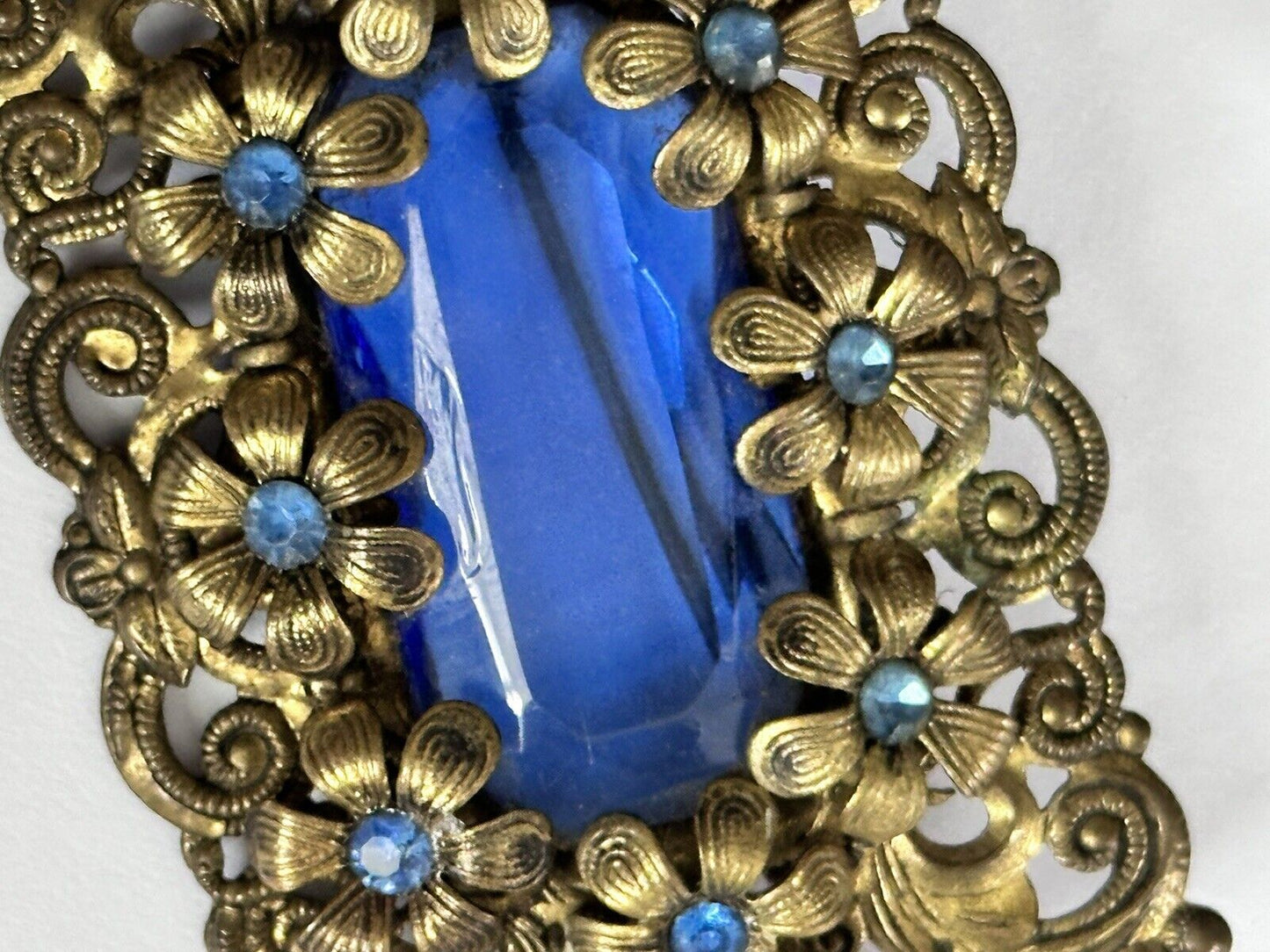Vintage Blue Flowers Czech Crystal Brooch