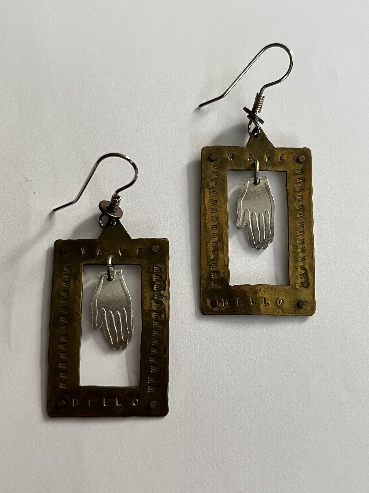 Vintage Copper Silver Tone Hand Wave Dangle Earrings