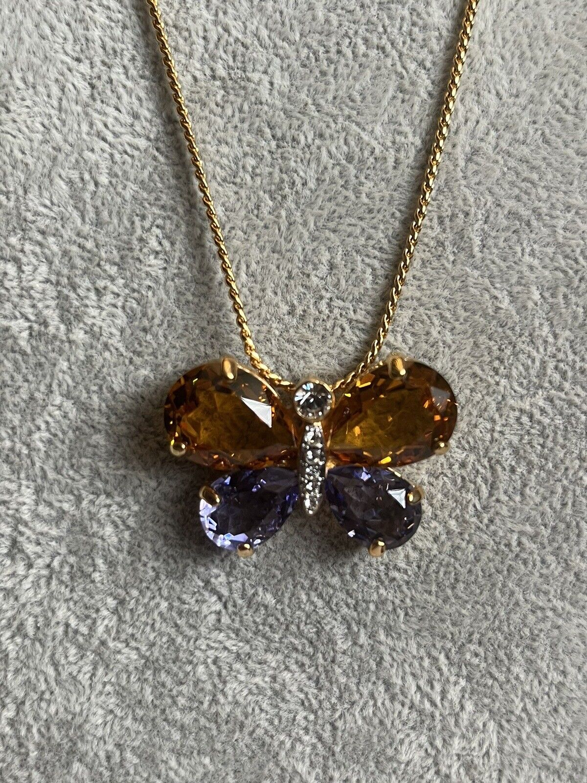 Vintage 1980s Gold Plated Crystal Butterfly Necklace New Old Stock