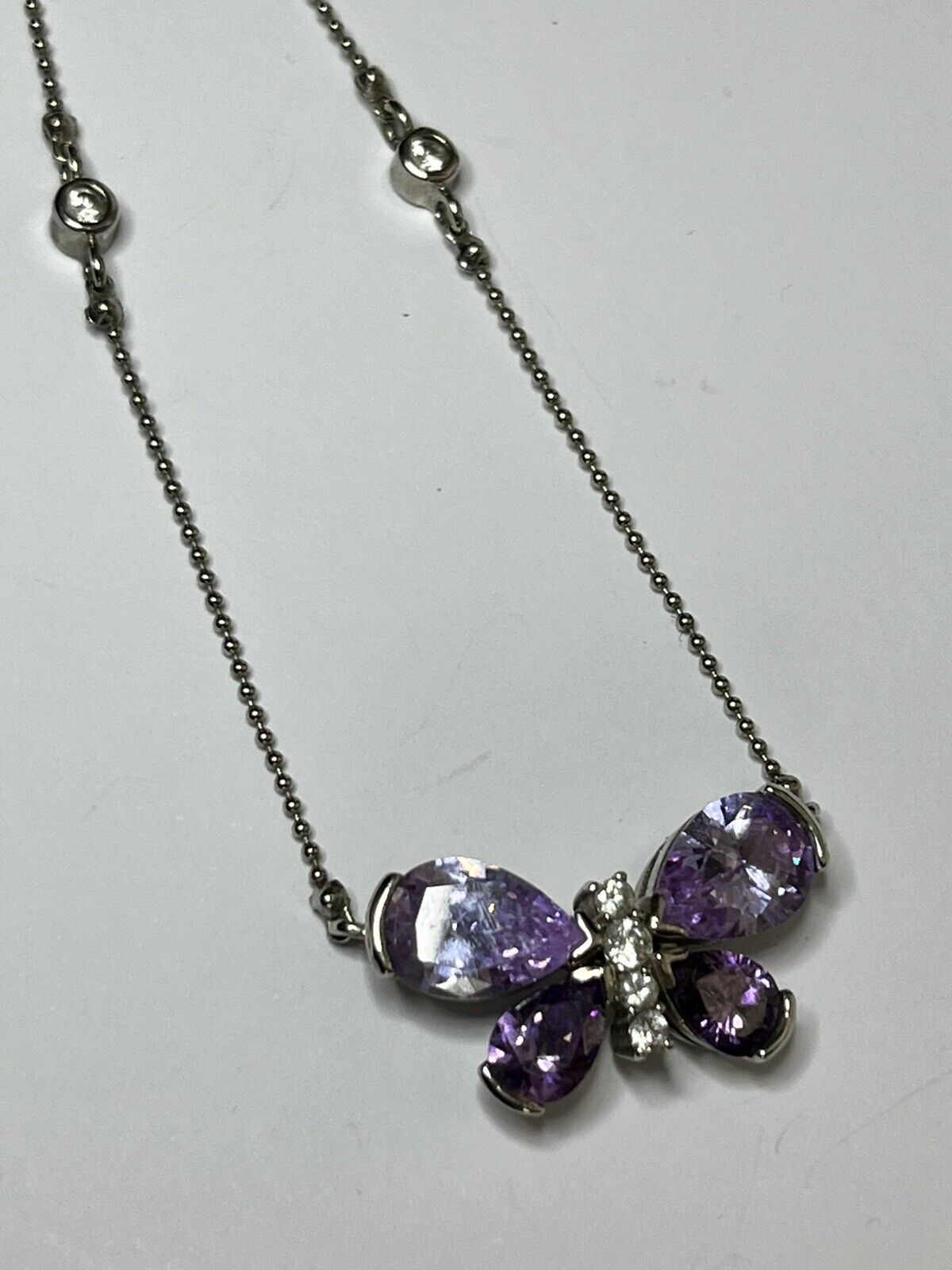 Vintage Rhodium Plated Purple Crystal Diamanté Butterfly Necklace