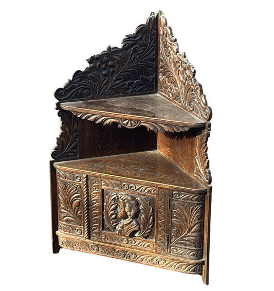 Victorian Corner Wall Cabinet, In Oak With Fine Carved Figure And Decoration.