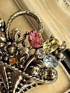 Vintage Flowers Basket Detailed Silver Tone Brooch