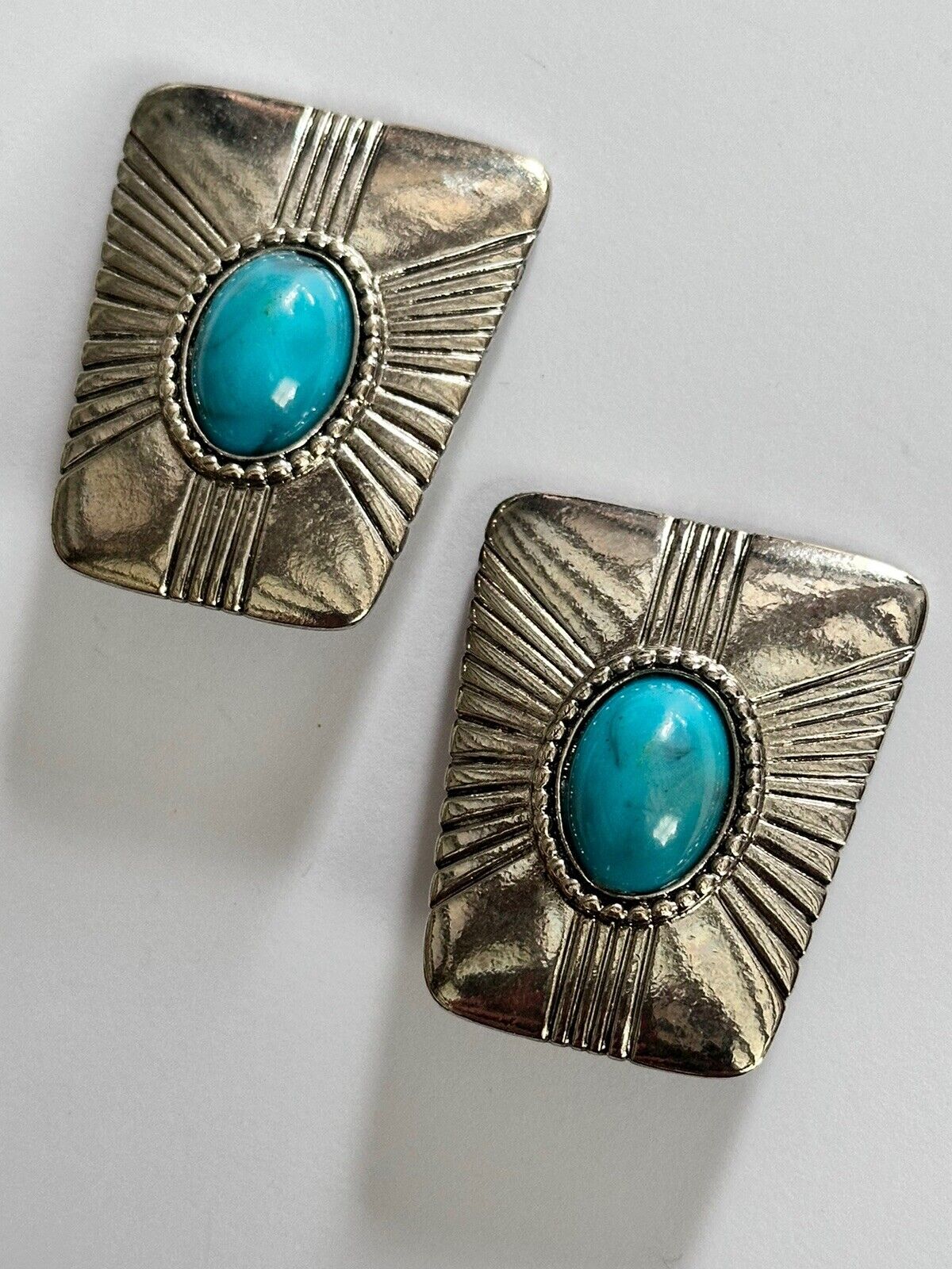 Vintage Silver Tone Faux Turquoise Clip On Earrings