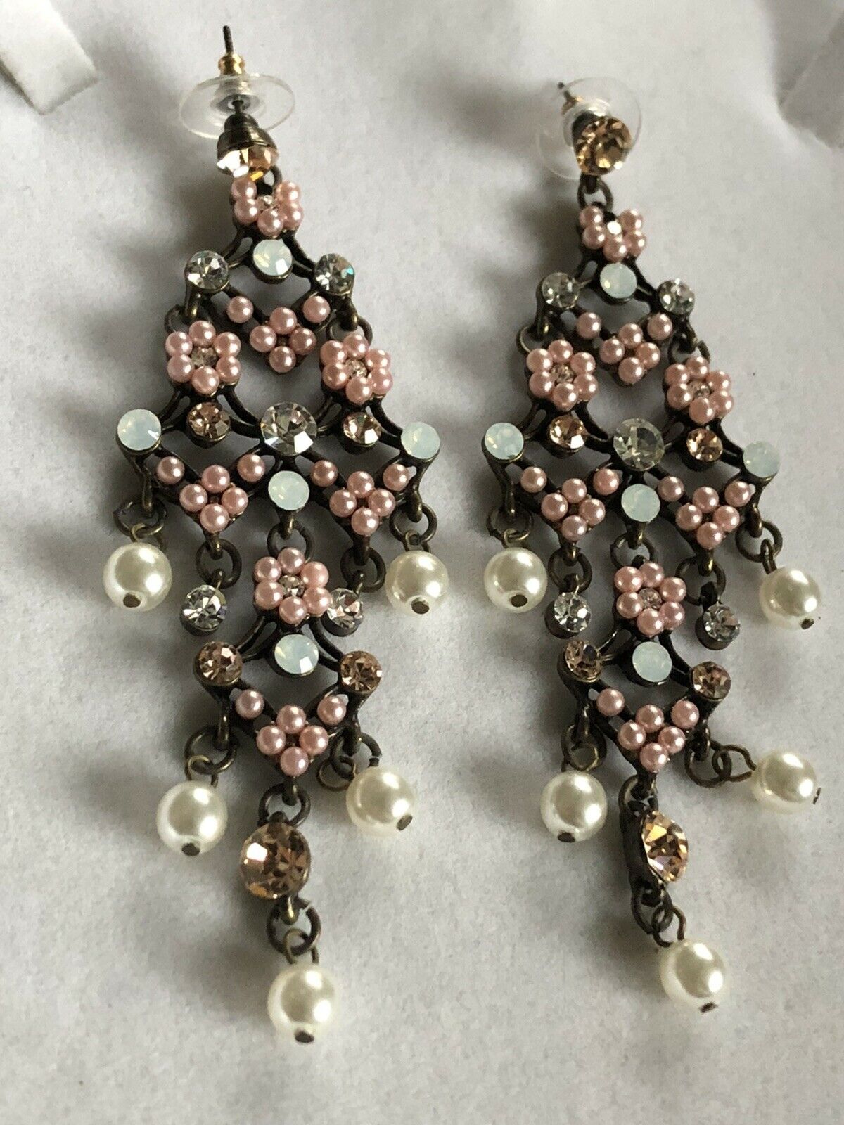 Vintage Faux Pearl Diamanté Drop Earrings Statement Runway