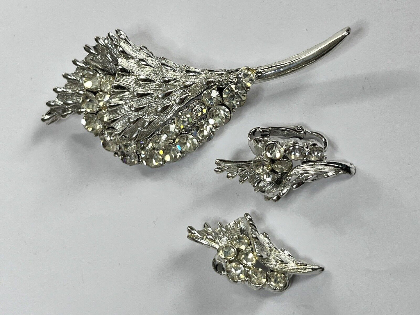 Vintage Signed Coro Silver Tone Diamanté Brooch And Clip On Earring Set