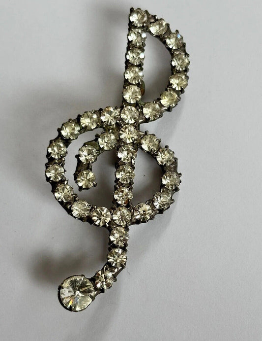 Vintage Silver Tone Musical Note Clef Paste Brooch