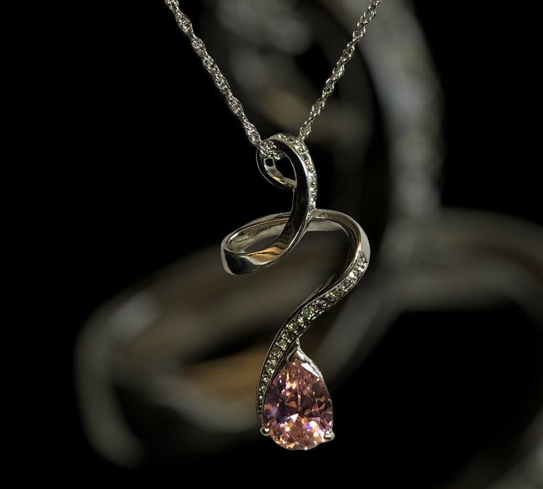 Vintage 1980s Rhodium Plated Pink Teardrop Crystal Necklace New Old Stock