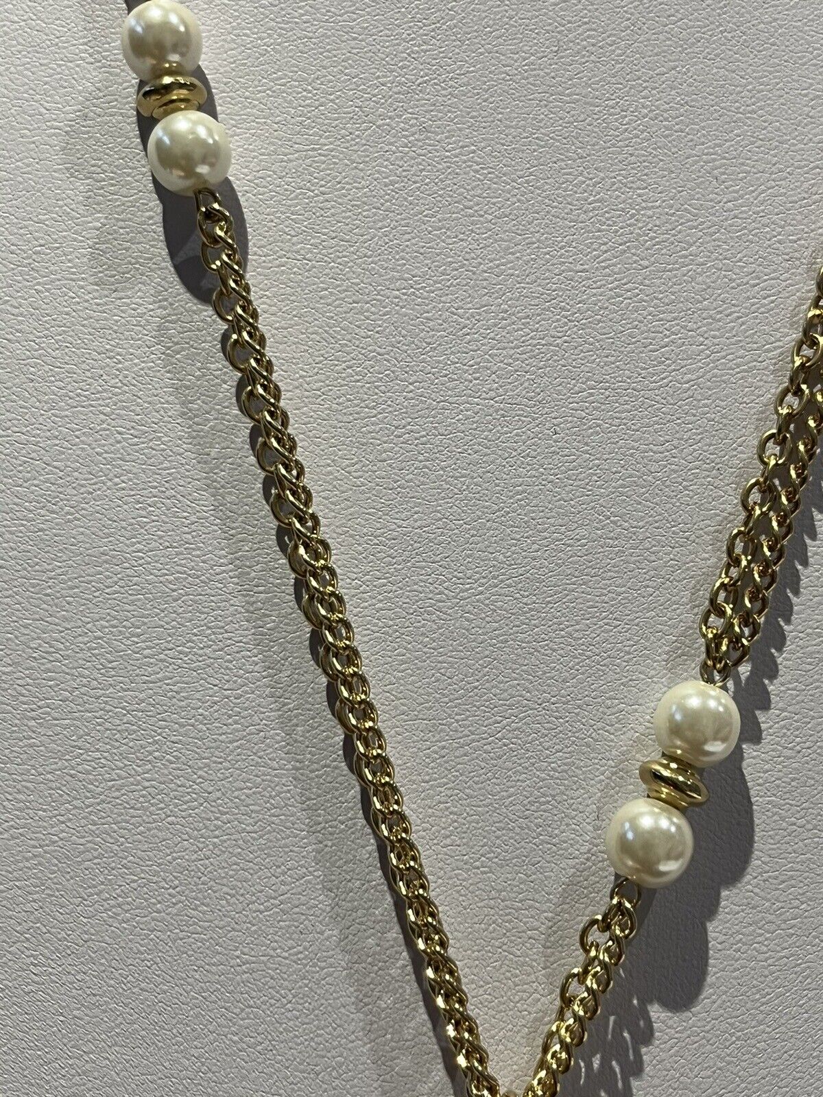 Vintage Gold Tone Faux Pearl Long Drop Necklace