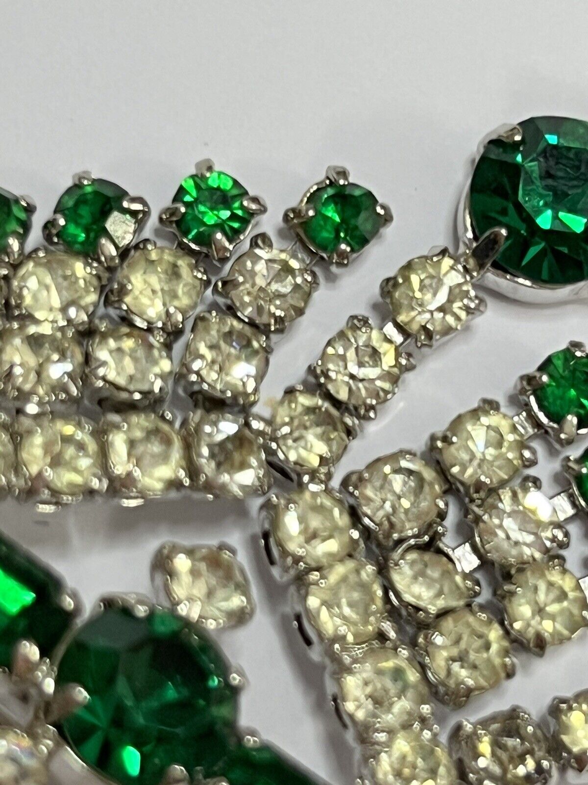 Vintage Silver Tone Green White Paste Brooch