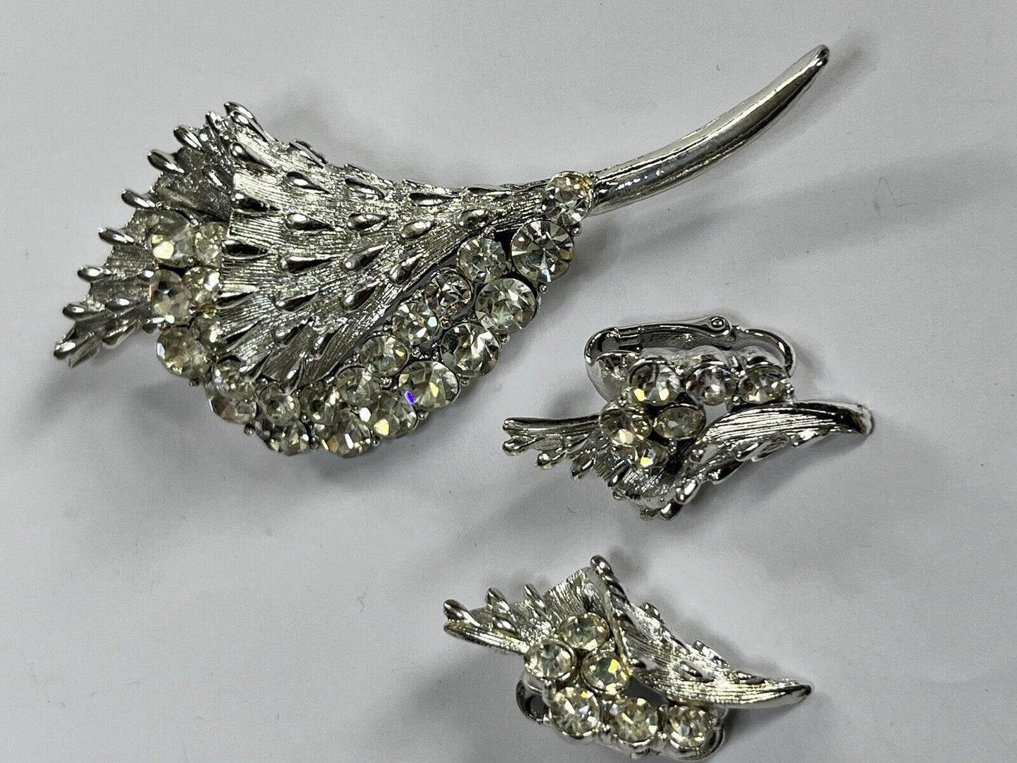 Vintage Signed Coro Silver Tone Diamanté Brooch And Clip On Earring Set