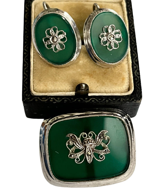 Vintage Silver 925 Green Onyx Marcasite Brooch And Screwback Earring Set