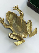 Vintage Gold Tone Green Blue Enamel Statement Frog Brooch