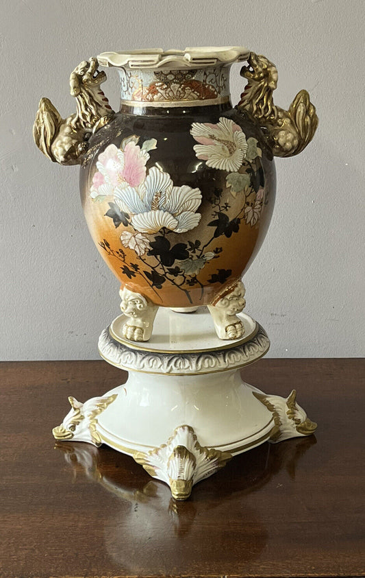Satsuma Dogs Of Fo Vase On Stand. Large & Impressive.