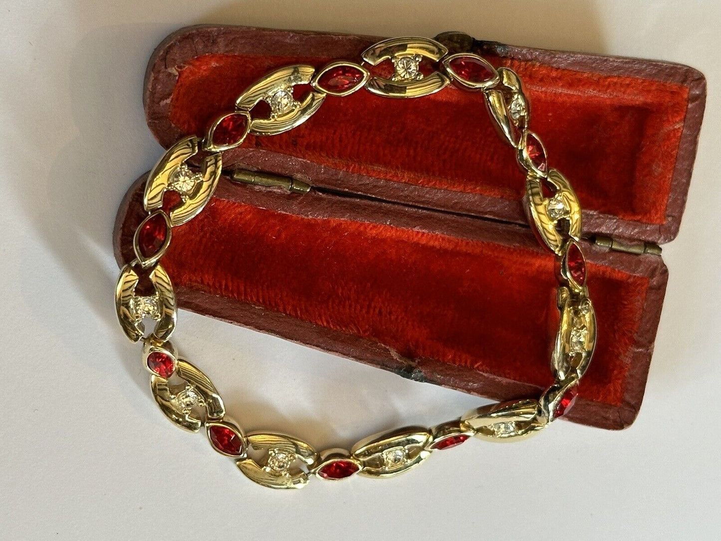 Vintage Gold Plated Red Clear Diamanté Bracelet