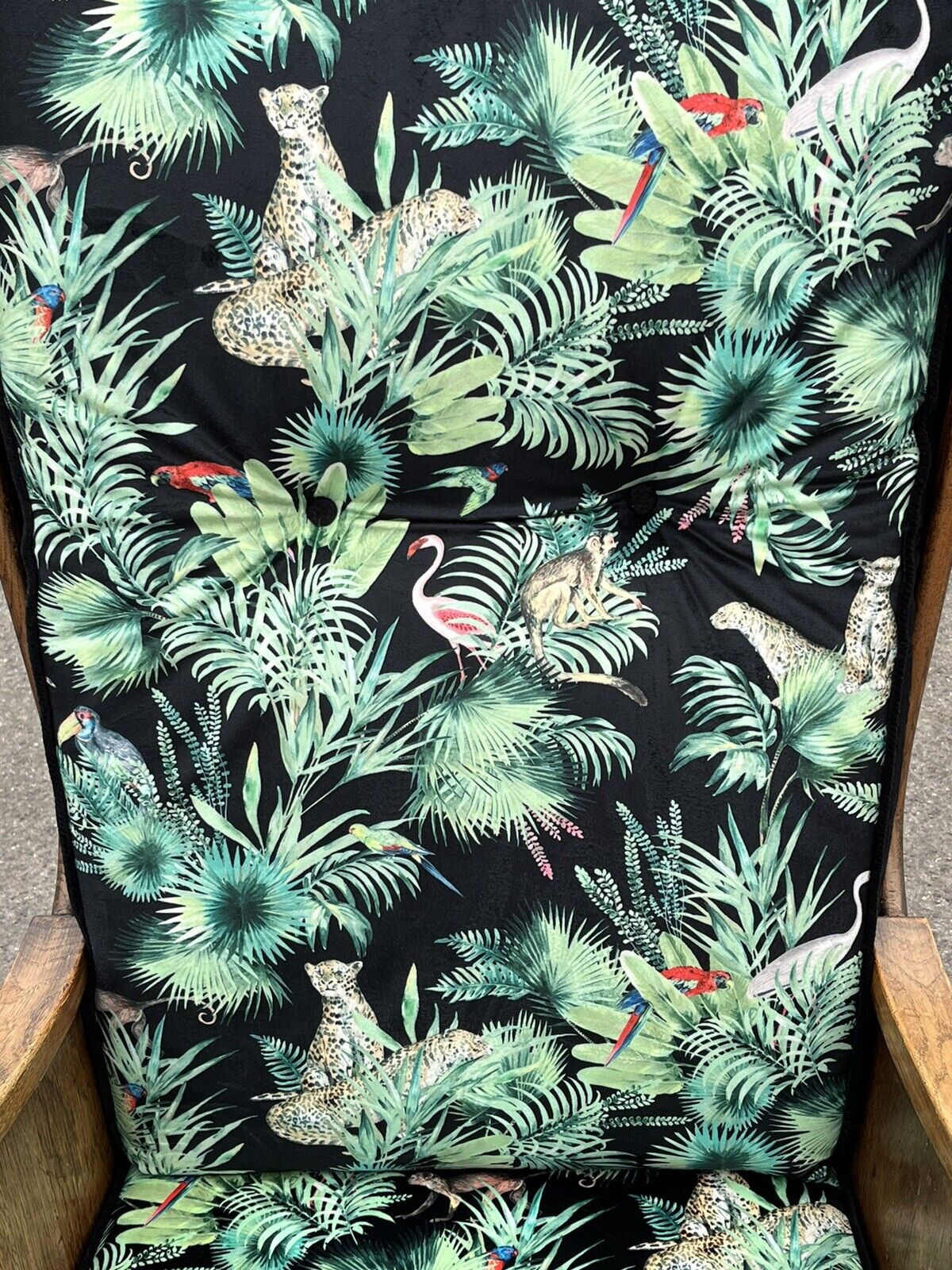Mid Century Oak Armchairs Newly Upholstered In A Bright Jungle Print.