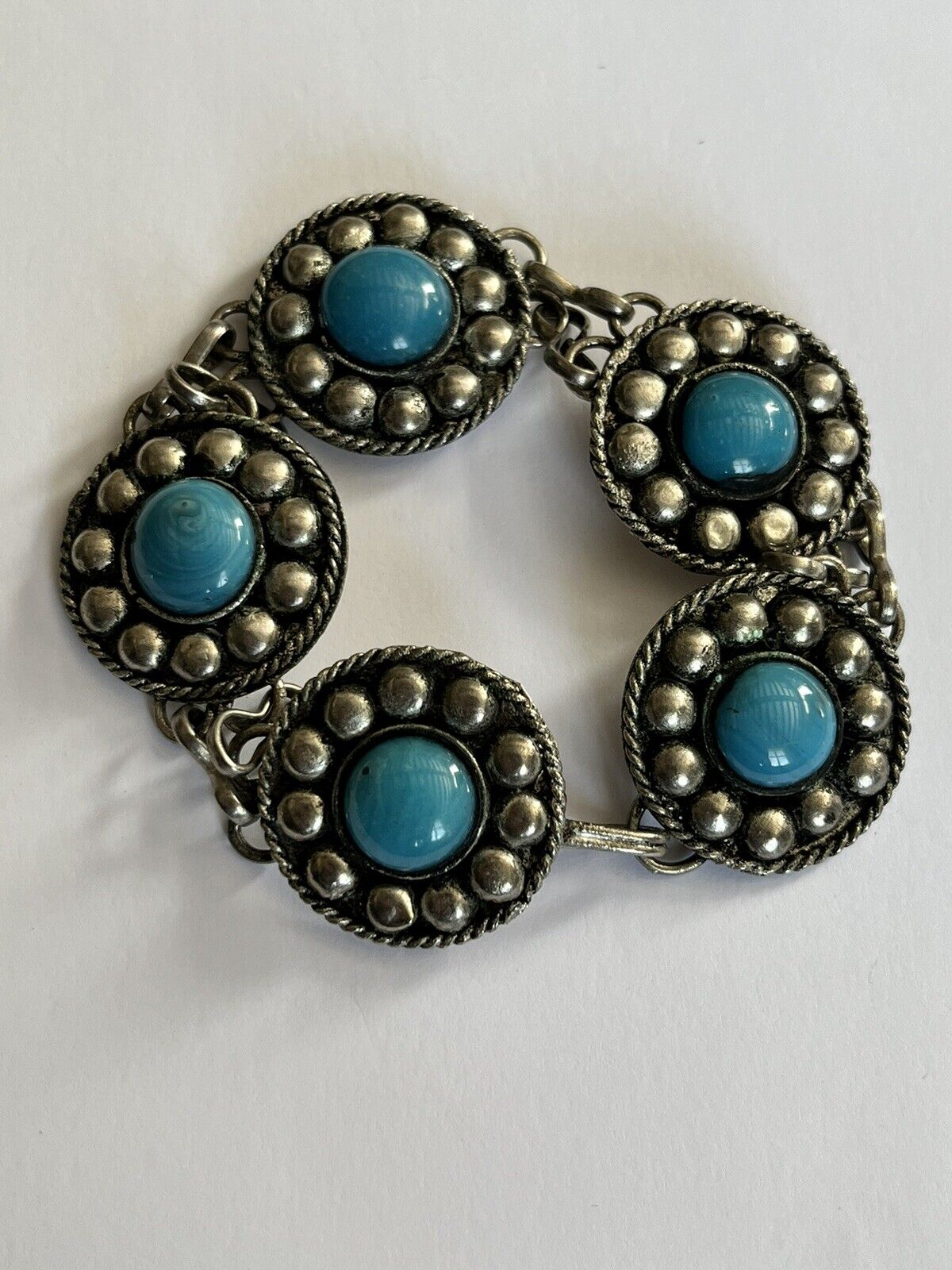 Vintage Silver Tone Faux Turquoise Bead Bracelet